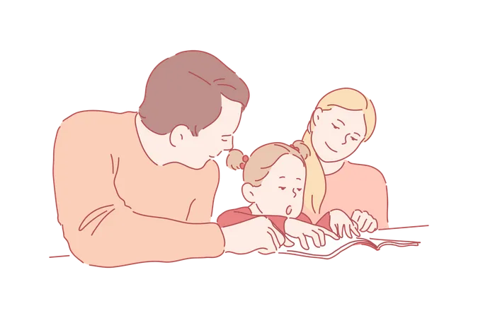 Little girl learns to read with young parents.  Illustration