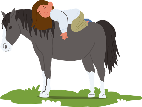 Little Girl Lies On A Horse Back In A Sun-kissed Summer Field  Illustration