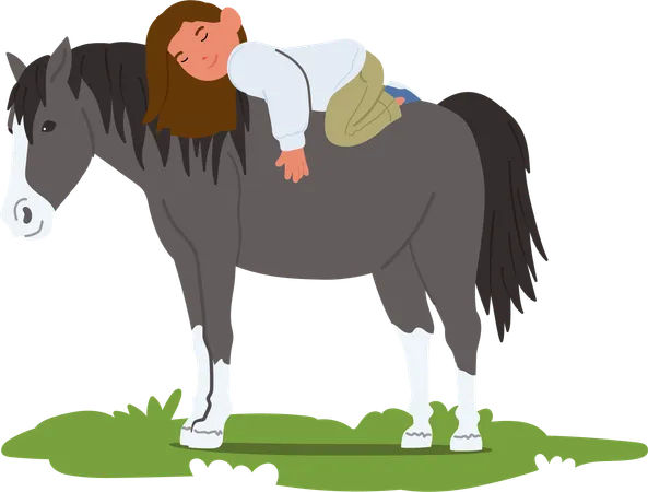 Little Girl Lies On A Horse Back In A Sun Kissed Summer Field Eyes Peacefully Closed Tranquil Scene Of Innocence And Connection With Nature Unfolds Beneath The Warm Sky Cartoon Vector Illustration Illustration