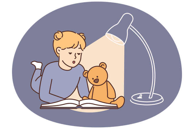 Little girl lies on floor reading book with fairy tale story along with teddy toy bear  Illustration