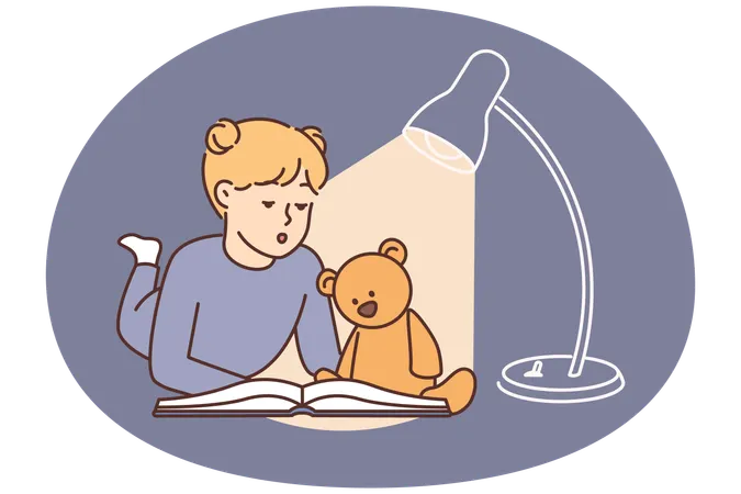 Little girl lies on floor reading book with fairy tale story along with teddy toy bear  Illustration