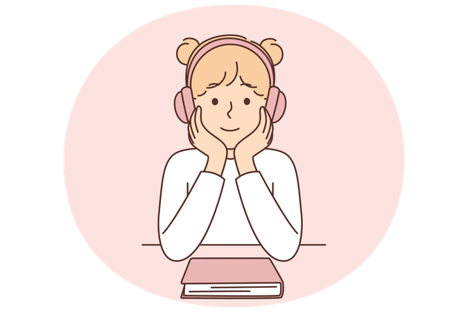 Little girl listening audiobook using headphones as alternative to reading textbooks  Illustration