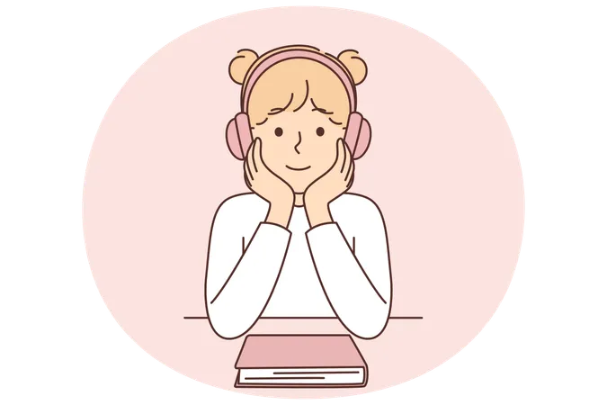Little girl listening audiobook using headphones as alternative to reading textbooks  Illustration