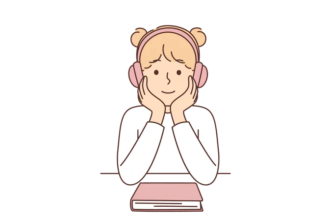Little Girl Listens Audiobook Using Headphones As Alternative To Reading Textbooks And Preparing For Lessons At School Schoolgirl Is Sitting At Table Using Headphones To Listen Music And Relax Illustration