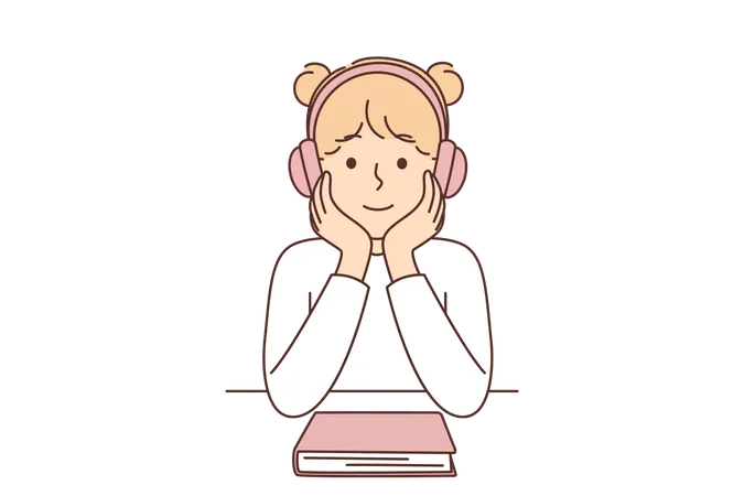 Little girl listens audiobook using headphones as alternative to reading textbooks  Illustration