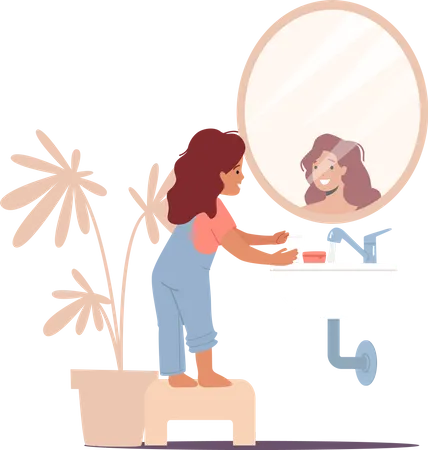Little Girl Looking in Mirror in Bathroom Illustration