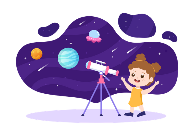 Little Girl Looking Into Telescope Illustration