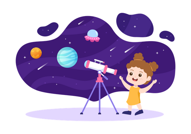 Little Girl Looking Into Telescope  Illustration