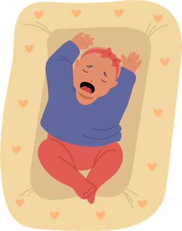 Little girl newborn baby crying with tears loudly screaming lying in bed  Illustration