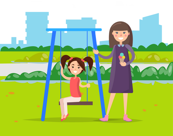 Little girl on swings in park with her mother  Illustration