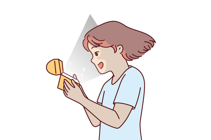 Little girl opens golden box and is delighted to see contents shining and illuminating child face  일러스트레이션