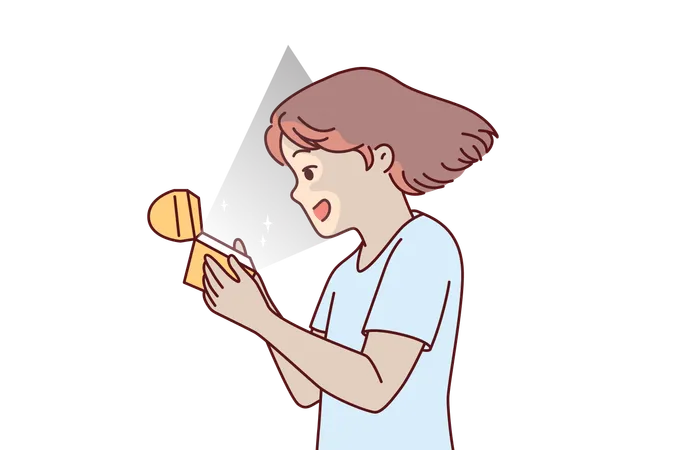 Little girl opens golden box and is delighted to see contents shining and illuminating child face  イラスト