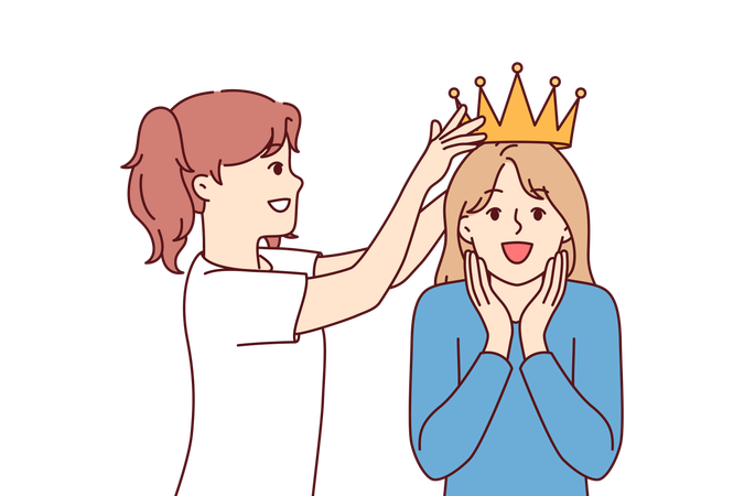 Little girl places crown on sisters head while playing princesses from ancient kingdom  イラスト