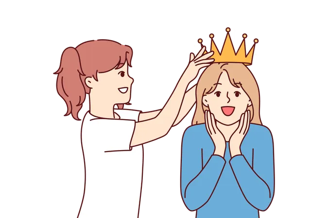 Little girl places crown on sisters head while playing princesses from ancient kingdom  Illustration