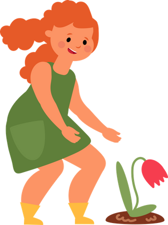 Little girl planting flower  イラスト