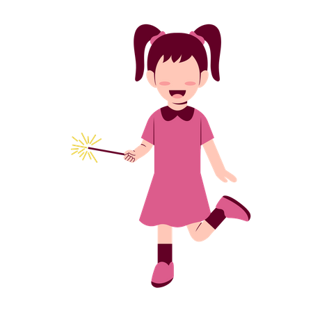 Little Girl Playing Fireworks  Illustration