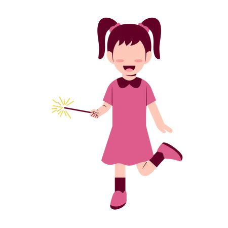 Little Girl Playing Fireworks Illustration