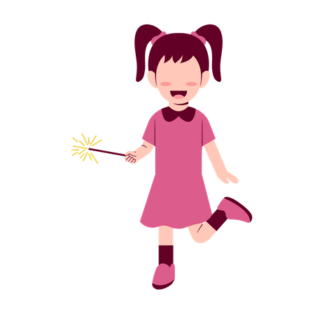 Little Girl Playing Fireworks  Illustration