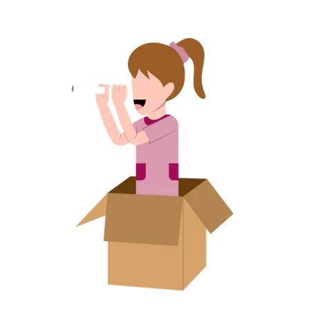 Little girl playing in box  イラスト