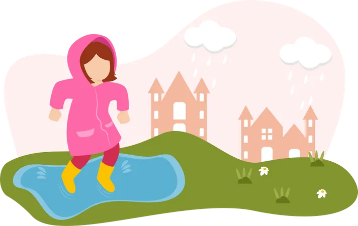 Little Girl playing in rain on children's day  Illustration