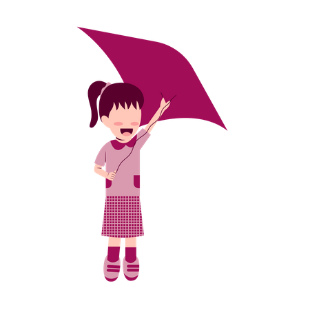 Little Girl Playing Kite  Illustration