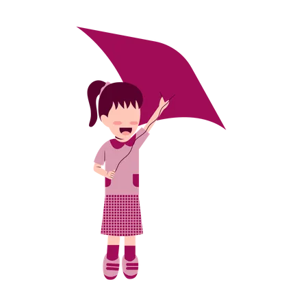 Little Girl Playing Kite  Illustration