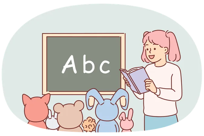 Little girl playing school teacher and reads book to toys sitting near blackboard with alphabet  Illustration