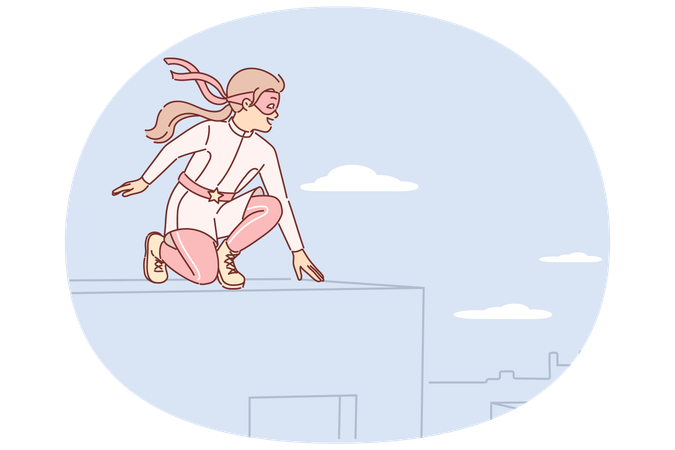 Little girl playing superhero sitting on roof and dreams of saving city residents from attackers  Illustration