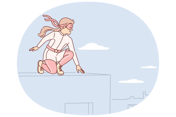 Little girl playing superhero sitting on roof and dreams of saving city residents from attackers  Illustration