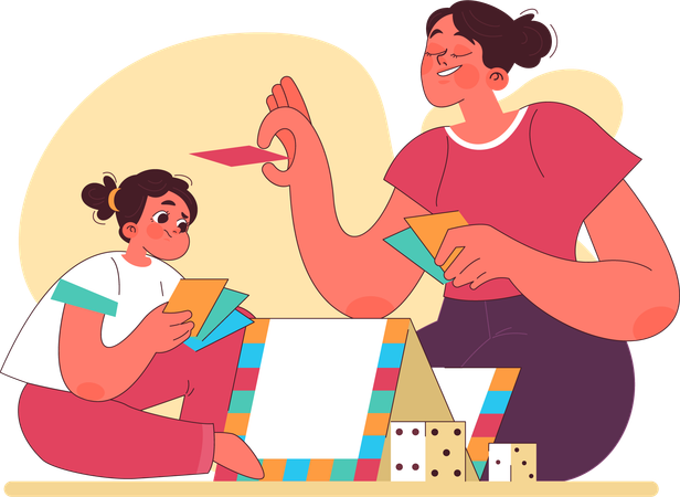 Little girl playing table games with her mother  Illustration