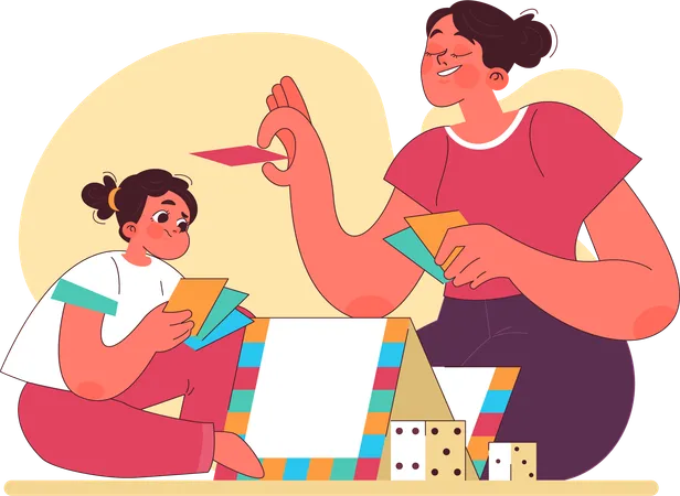 Little girl playing table games with her mother  Illustration