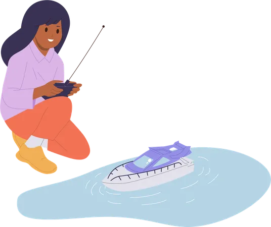 Little girl playing toy ship on wireless smart remote control panel  Illustration