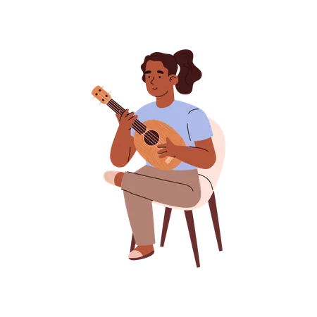 Little Girl Playing Ukulele Flat Vector Illustration Child Sitting On Chair And Learning How To Play String Music Instrument Music School Education For Kids Illustration