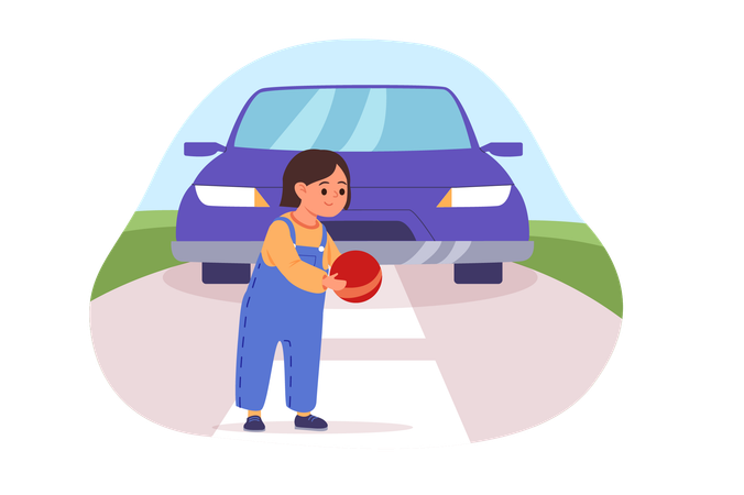 Little girl playing with ball on road  Illustration