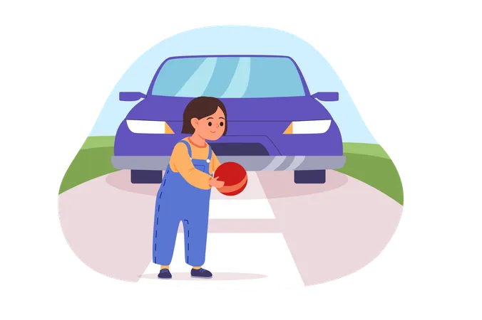 Little girl playing with ball on road  Illustration