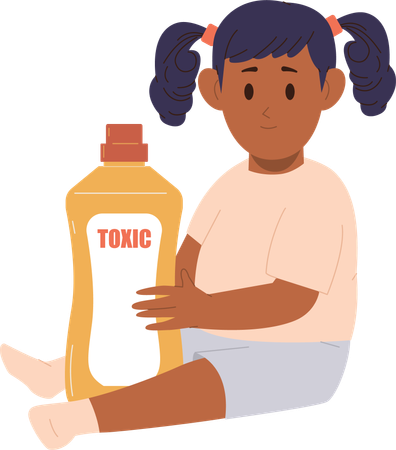 Little girl playing with dangerous toxic domestic chemicals  Illustration