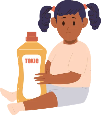 Little girl playing with dangerous toxic domestic chemicals  Illustration