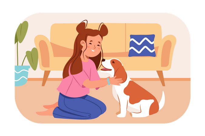 Little girl playing with dog  イラスト