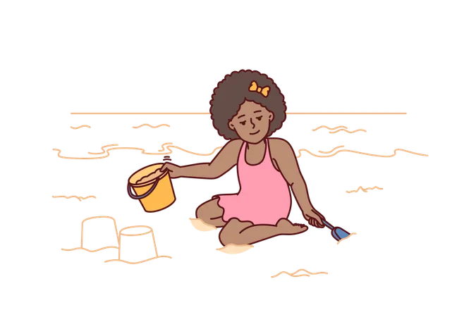 Little girl playing with sand on beach  Illustration