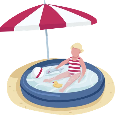 Little Girl Playing With Toys In Inflatable Pool Flat Color Vector Faceless Character Kid On Beach Under Sun Umbrella Isolated Cartoon Illustration For Web Graphic Design And Animation Illustration