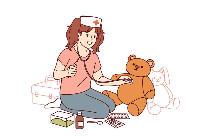 Little girl plays doctor uses stethoscope and thermometer to treat teddy bear  Illustration