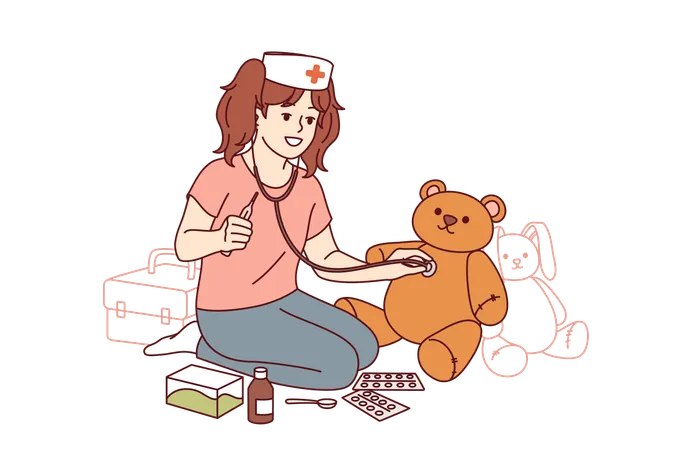 Little girl plays doctor uses stethoscope and thermometer to treat teddy bear  Illustration