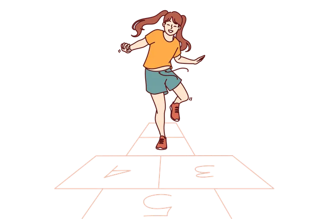 Little Girl Plays Hopscotch Jumping On Cages Drawn On Pavement Asphalt On Summer Sunny Day Happy Teenage Girl Leads Active Lifestyle And Playing Hopscotch In Free Time From School Illustration