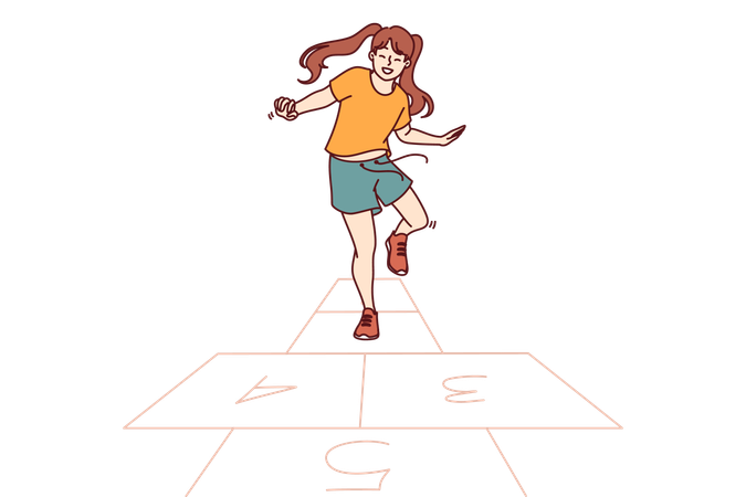 Little girl plays hopscotch jumping on summer sunny day  Illustration