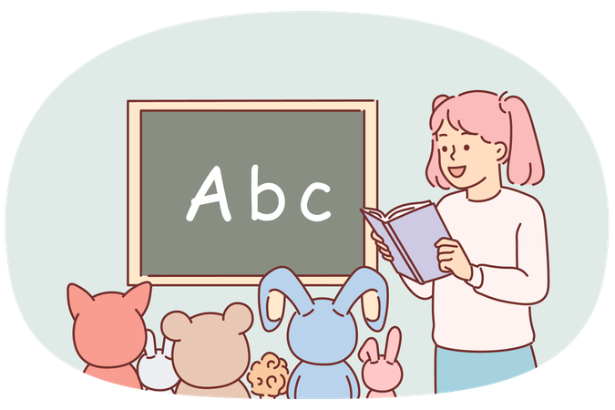 Little girl plays school teacher and reads book to toys sitting near blackboard with alphabet  Illustration