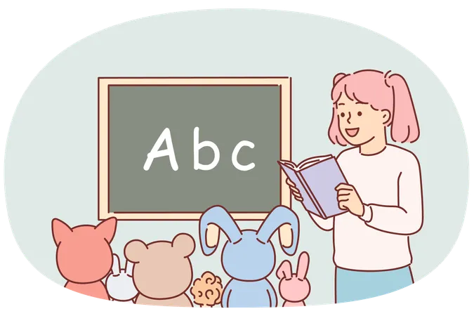 Little girl plays school teacher and reads book to toys sitting near blackboard with alphabet  Illustration