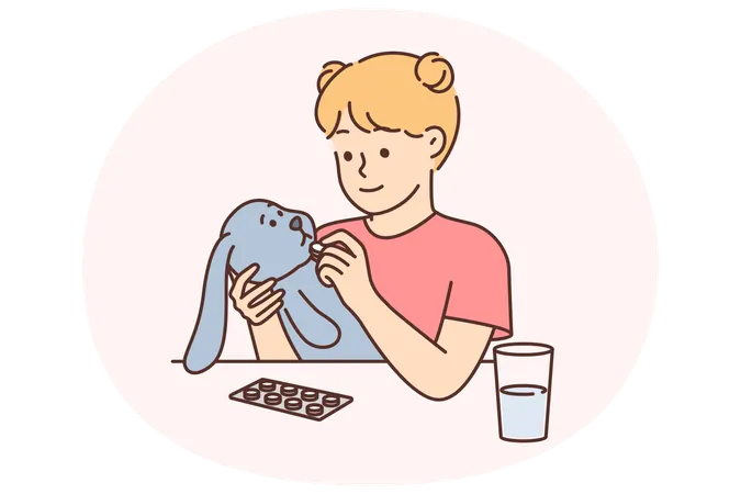 Little girl plays veterinarian giving pill of plush toy to cure illness  Illustration