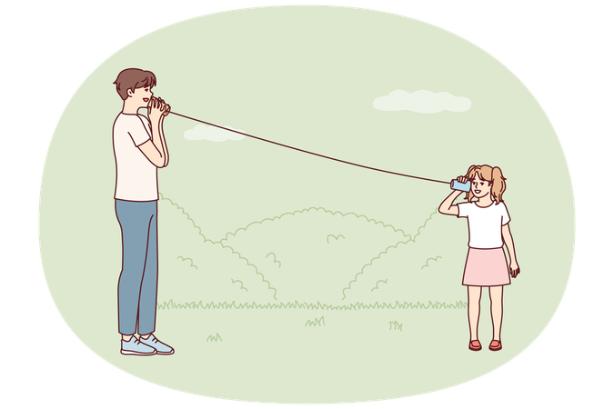 Little girl plays with father in park using cups tied with rope to talk from distance  Illustration