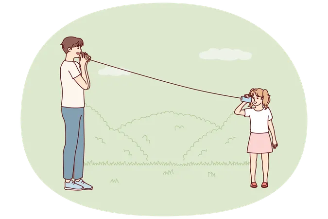 Little girl plays with father in park using cups tied with rope to talk from distance  Illustration