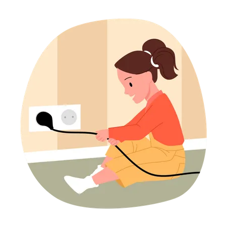 Little girl pulling out electric plug  Illustration